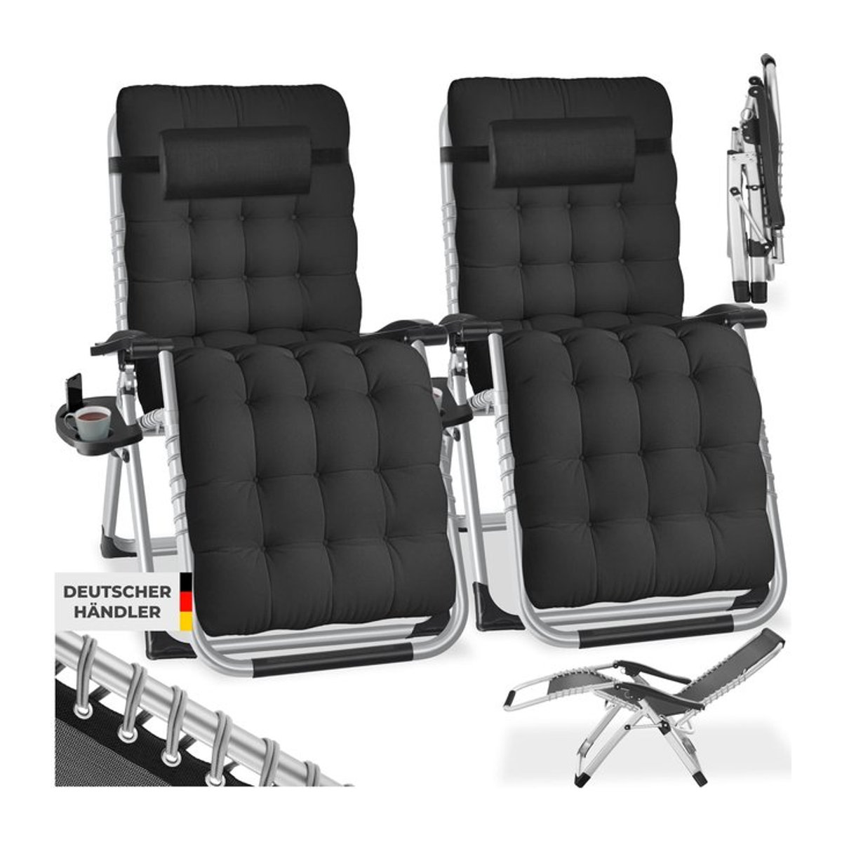 tectake Sonnenliege klappbar in Schwarz mit abnehmbarem Sitz- und Kopfpolster sowie Ablagetisch, B/T/H: 84 x 168 x 82,5 cm - Bild 1