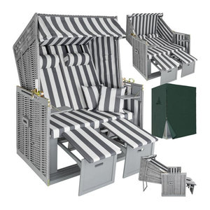 tectake Strandkorb aus Polyrattan in Grau mit Polsterung, ausziehbaren Fußbänkchen und klappbaren Seitentischen, B/T/H: 115 x 158 x 78 cm