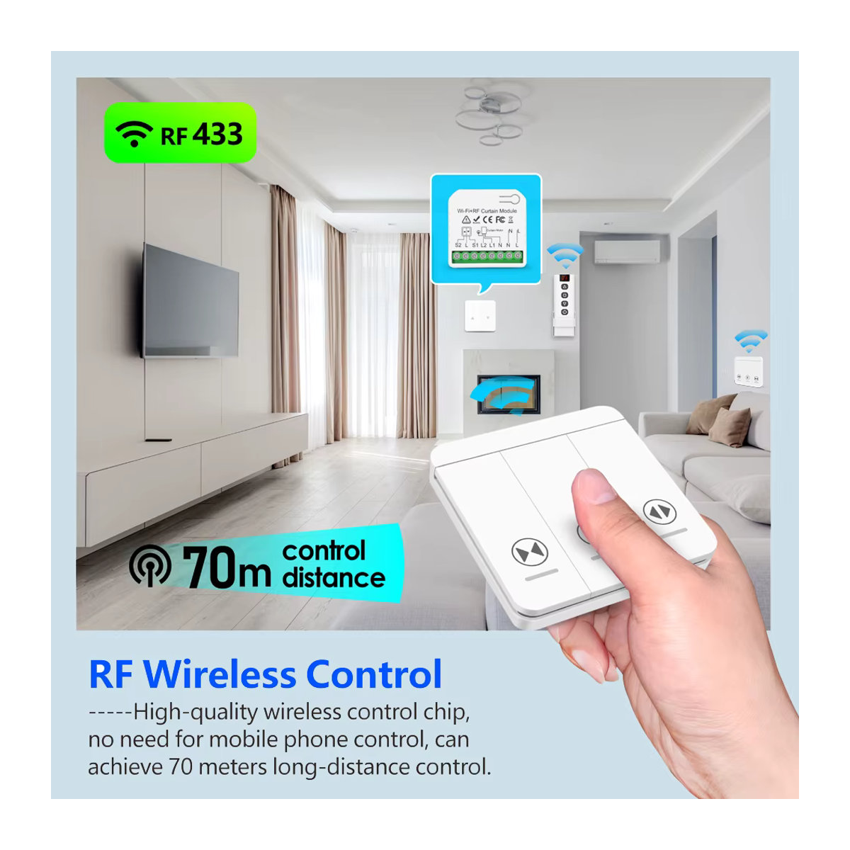Tedeligo Rf433 WiFi Vorhanghalter mit drahtlosem Fernbedienungsschalter für elektrische Rollläden, Tuya Smart Life, Google Home und Alexa, Weiß - Bild 4