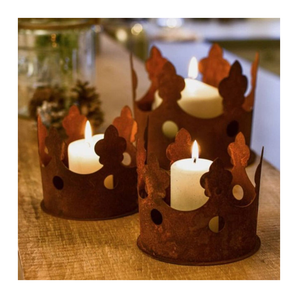 Teelichthalter Krone Zeitzone Windlicht aus Metall in Braun im Vintage-Design, Höhe: 12 cm - Bild 1