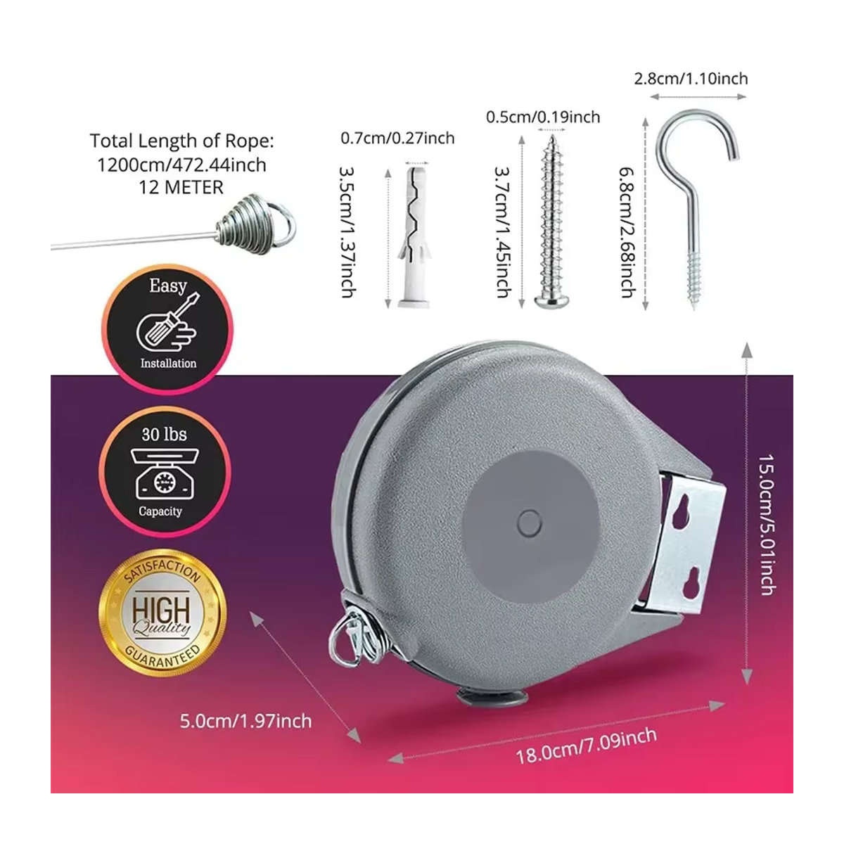 Teleskopische Wäscheleine mit 12 m Länge und Holzklammern zur unsichtbaren Wäscheaufbewahrung - Bild 3