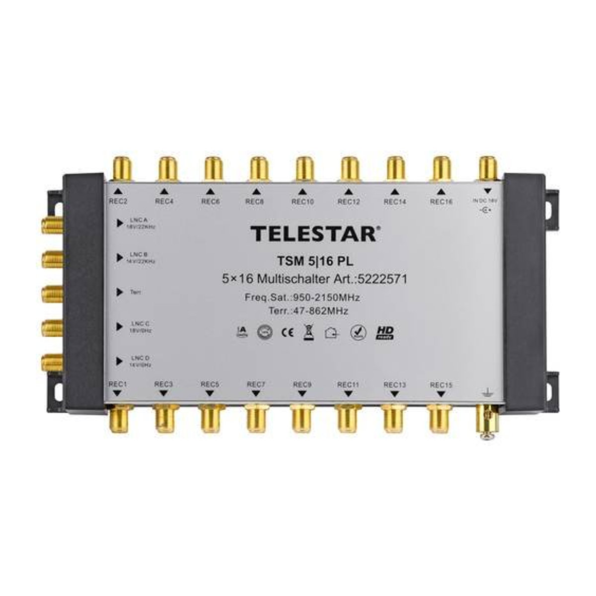 Telestar TSM 5/16 Premium Line SAT Multischalter mit 5 Eingängen und 16 Teilnehmern in Schwarz/Silber - Bild 1
