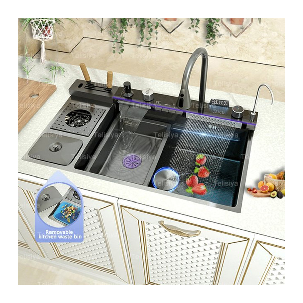TELISIYA Küchenspüle aus Edelstahl in Schwarz mit Wasserfall-Wasserhahn, Digitalanzeige und integriertem Mülleimer, modernes Einzelwaschbecken - Bild 1
