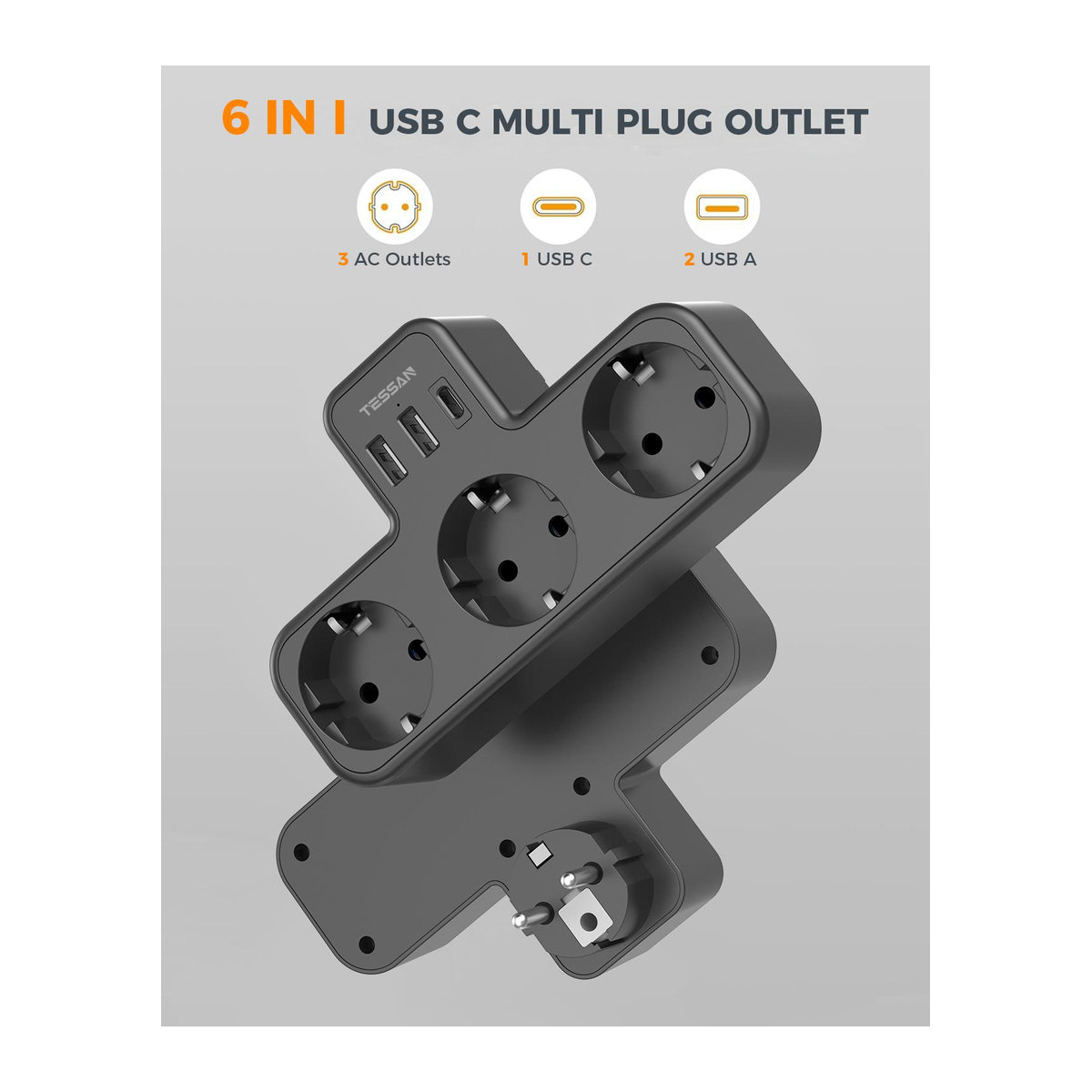 TESSAN 6-in-1 Mehrfachsteckdose in Schwarz und Grau mit 3 AC-Steckdosen sowie 2 USB-Anschlüssen inklusive Typ C und Überlastschutz - Bild 1