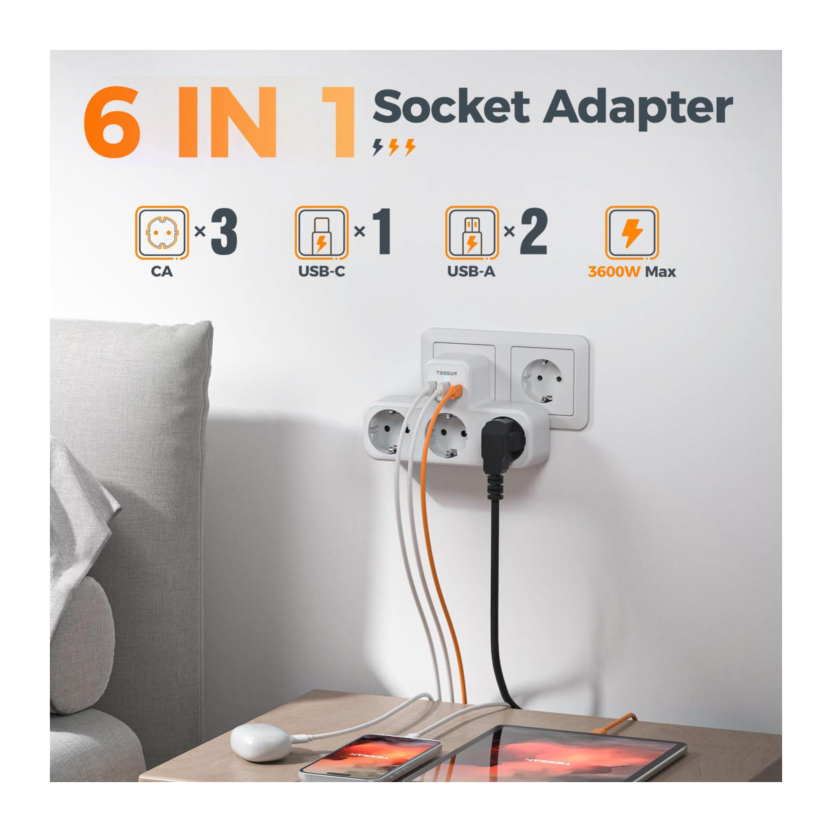 TESSAN 6-in-1 Mehrfachsteckdose in Schwarz und Grau mit 3 AC-Steckdosen sowie 2 USB-Anschlüssen inklusive Typ C und Überlastschutz - Bild 2