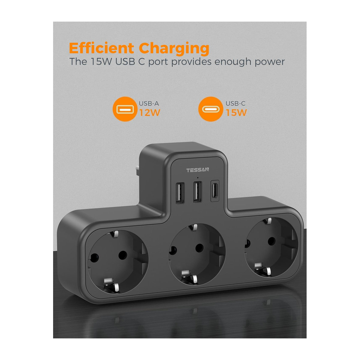 TESSAN 6-in-1 Mehrfachsteckdose in Schwarz und Grau mit 3 AC-Steckdosen sowie 2 USB-Anschlüssen inklusive Typ C und Überlastschutz - Bild 4