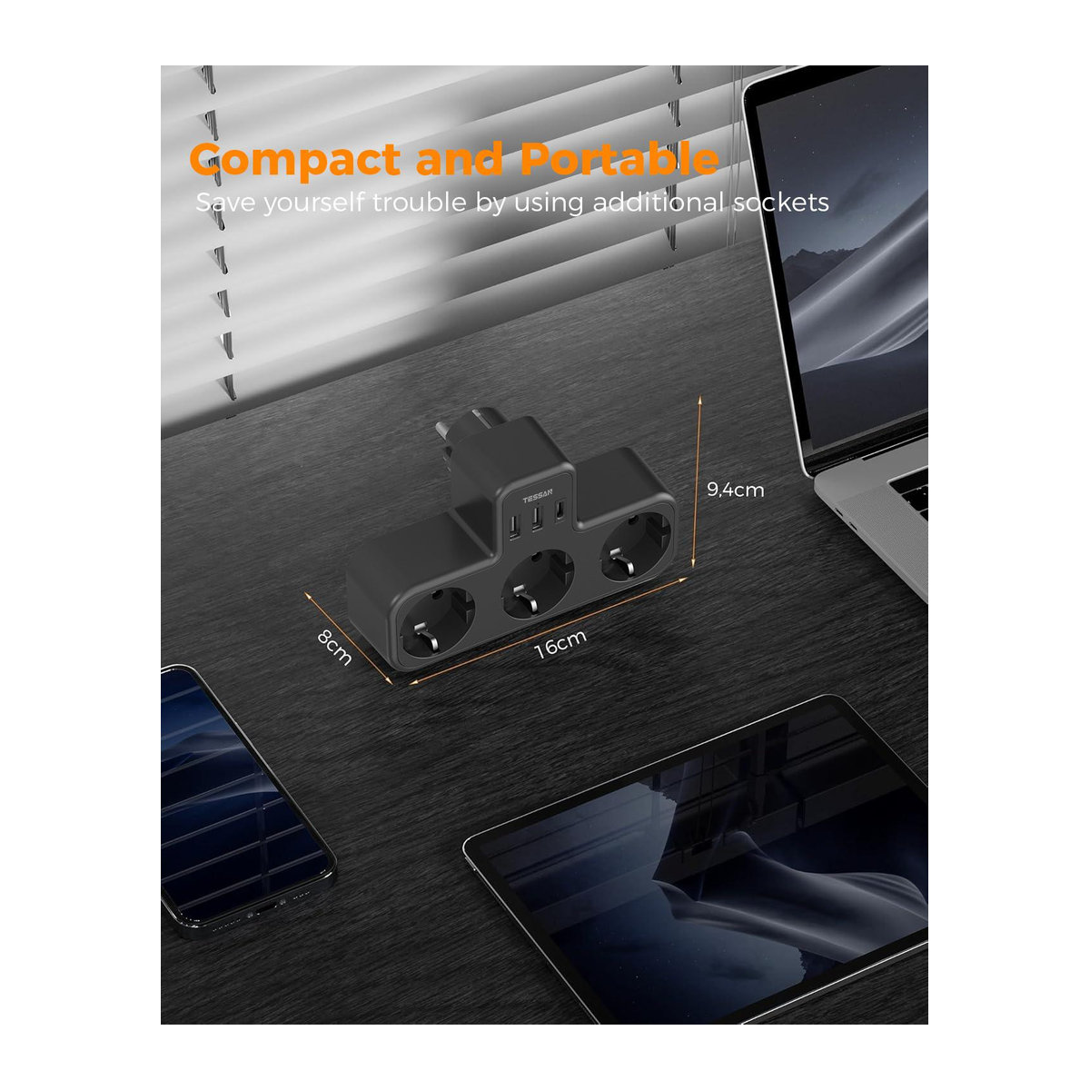 TESSAN 6-in-1 Mehrfachsteckdose in Schwarz und Grau mit 3 AC-Steckdosen sowie 2 USB-Anschlüssen inklusive Typ C und Überlastschutz - Bild 5
