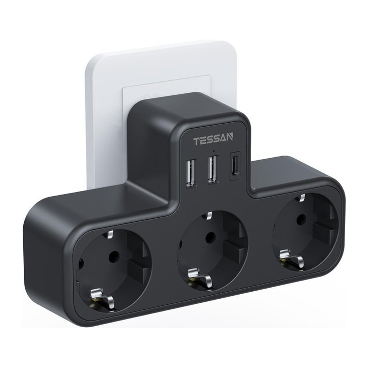 TESSAN 6-in-1 Mehrfachsteckdose Schwarz mit 3 AC-Steckdosen, 2 USB-Anschlüssen und 1 USB-Typ-C-Anschluss inklusive Überlastschutz - Bild 1