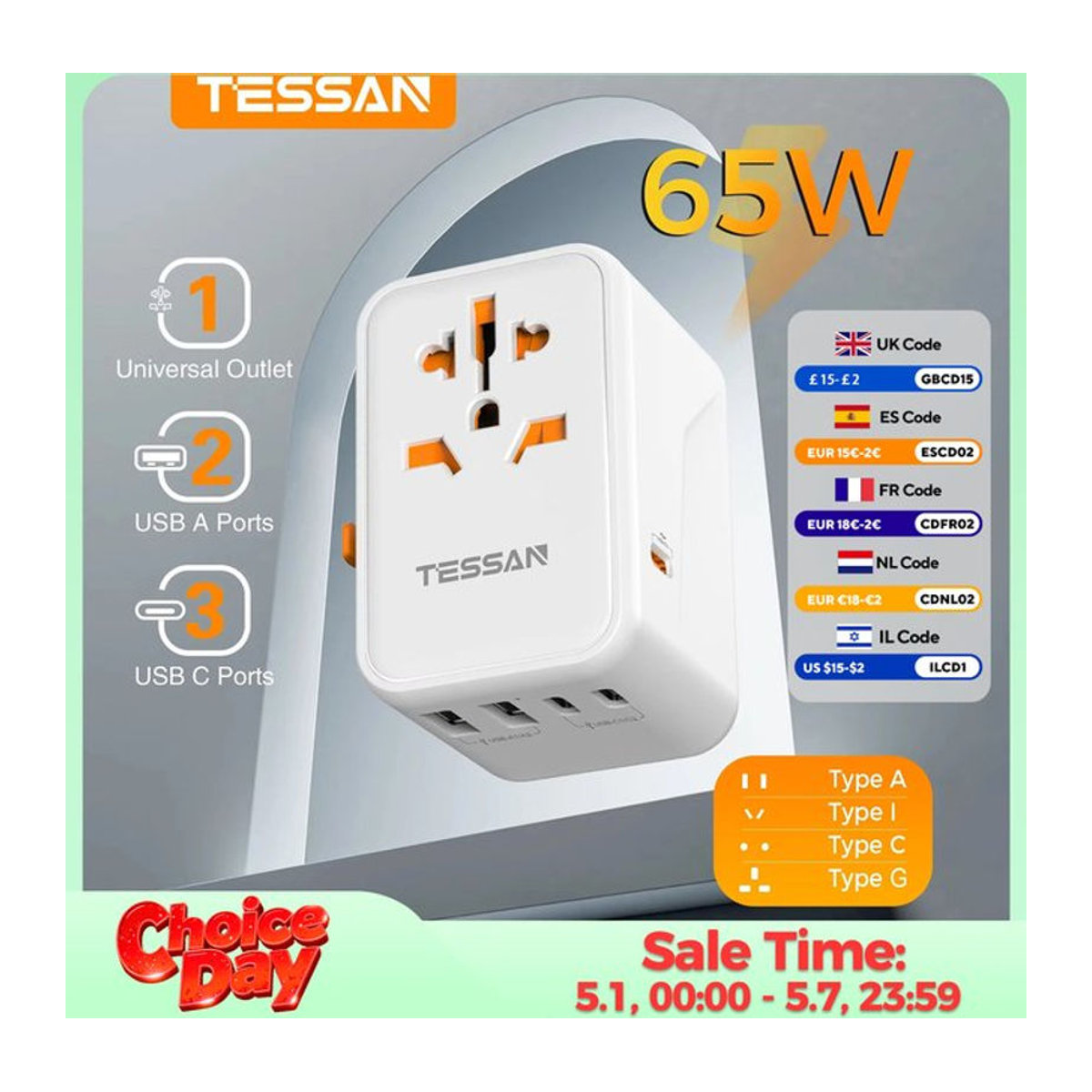 TESSAN 65 W GaN-Reiseadapter Universal-Netzteil mit 2 USB-C-Schnellladeanschlüssen für EU UK USA AUS in Grau oder Weiß - Bild 1