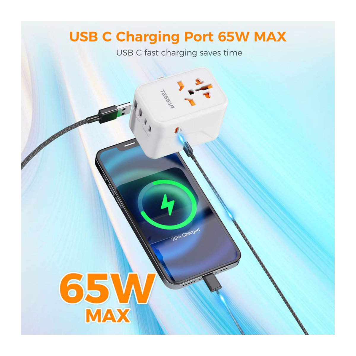 TESSAN 65 W GaN-Reiseadapter Universal-Netzteil mit 2 USB-C-Schnellladeanschlüssen für EU UK USA AUS in Grau oder Weiß - Bild 2