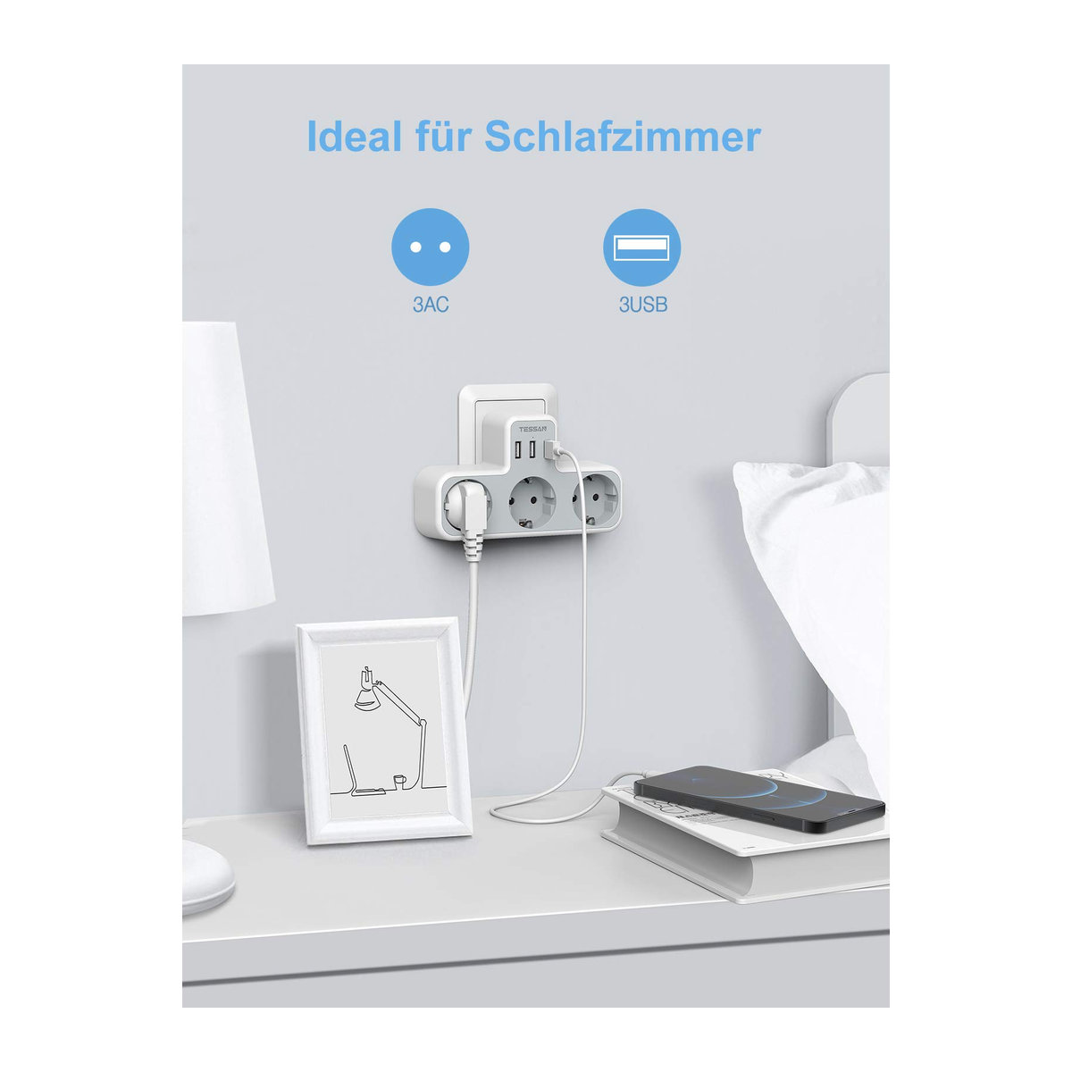 TESSAN Steckdosenleiste mit 3 AC-Ausgängen und 3 USB-Anschlüssen in Grau - Bild 4