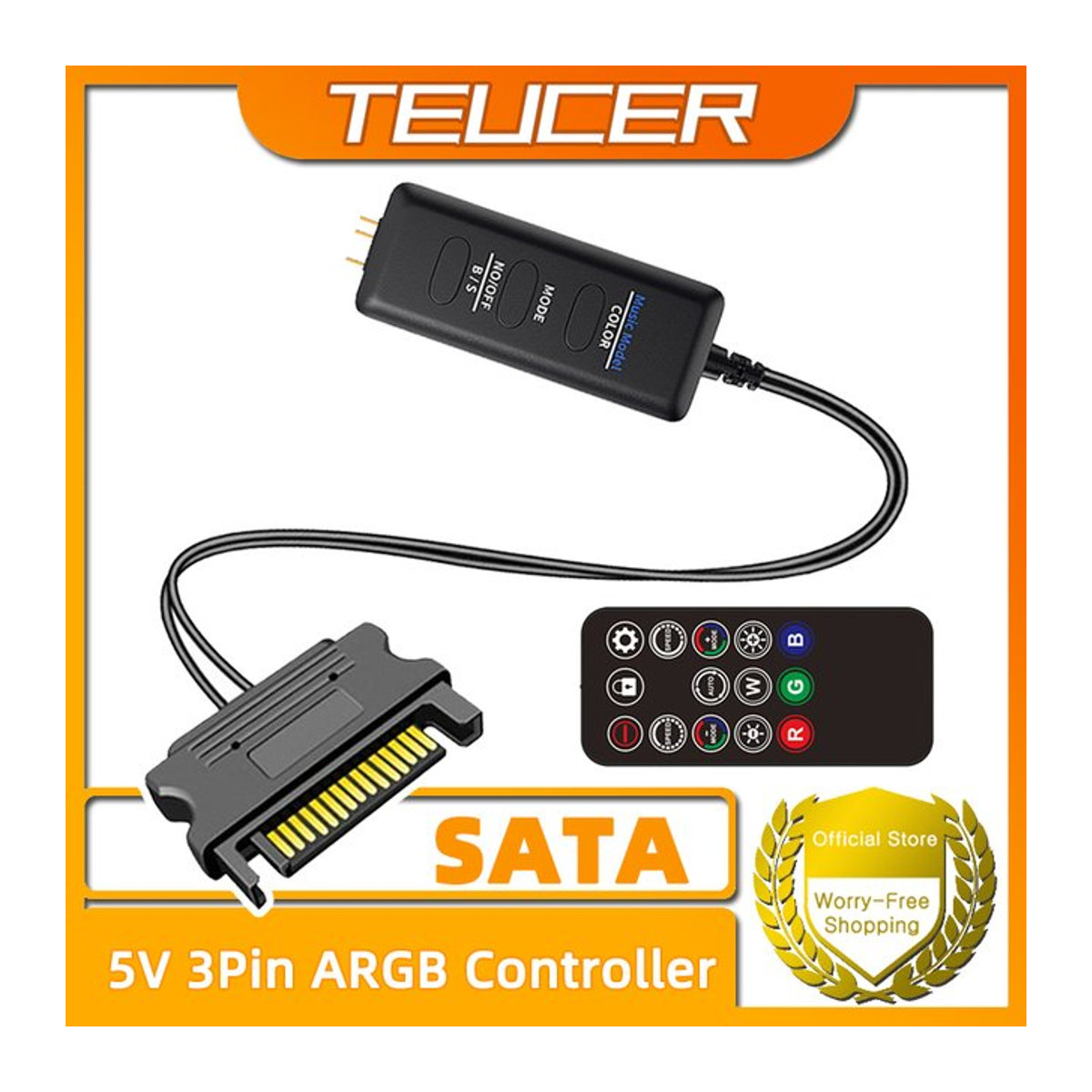 TEUCER LC-S50R ARGB Controller Schwarz: 5V 3PIN zu SATA Schnittstelle Verlängerungskabel und Lichtregler mit Fernbedienung für PC Gehäuselüfter - Bild 1