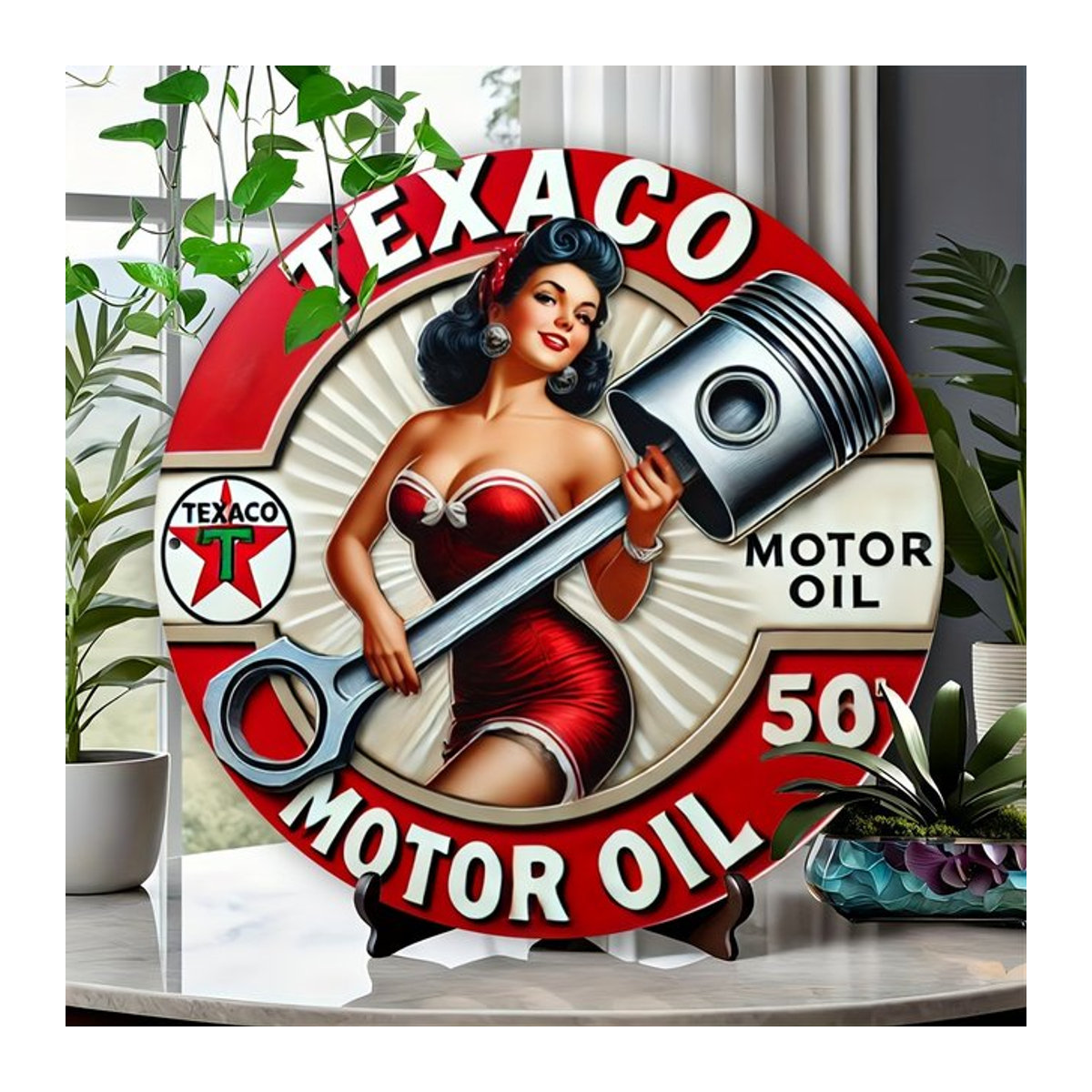 Texaco Vintage Gas Schild aus Metall, runde Wanddekoration in Rot für Garage, Bar und Man Cave - Bild 1