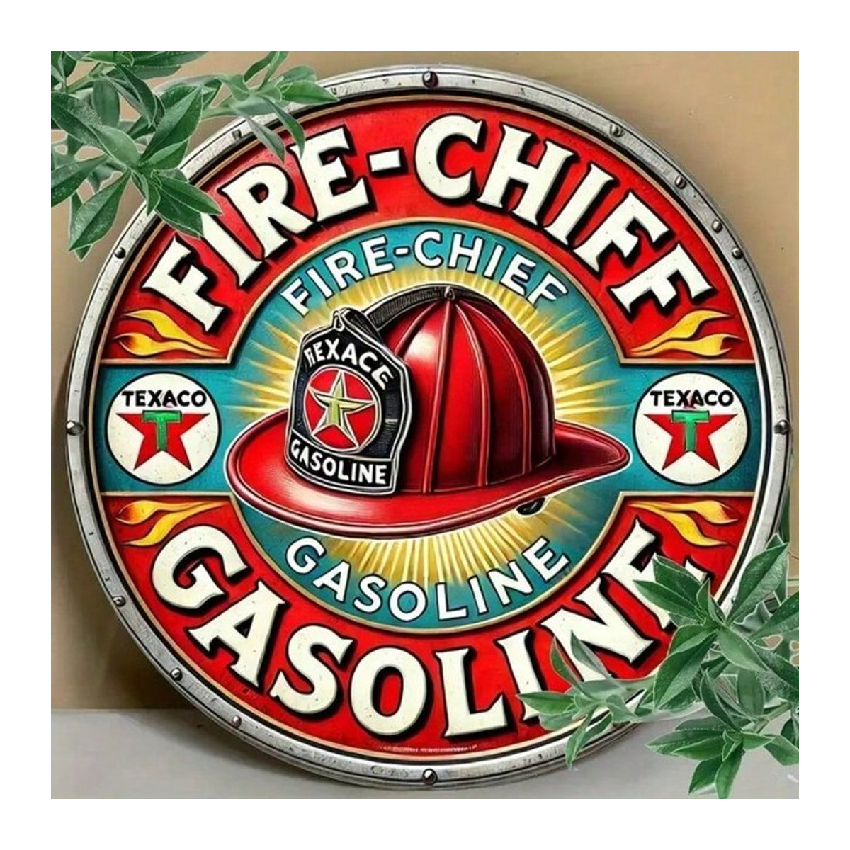 Texaco Vintage Metallschild Feuerwehrchef Wandkunst Retro Dekoration für Garage und Männerhöhle, mehrfarbig - Bild 1
