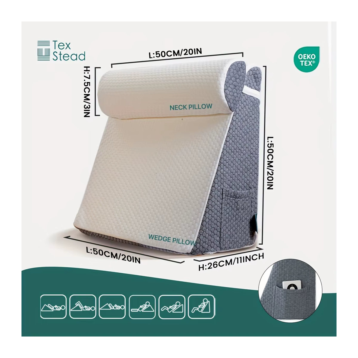 TEXSTEAD Keilkissen Set aus Memory Foam in Dreiecksform für Bett und Schlaf mit Abdeckung, 2 Stück - Bild 3