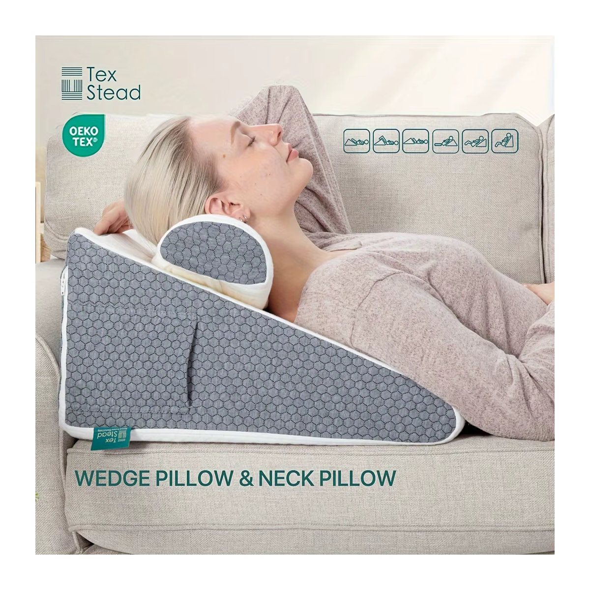 TEXSTEAD Keilkissen Set aus Memory Foam in Dreiecksform für Bett und Schlaf mit Abdeckung, 2 Stück - Bild 4