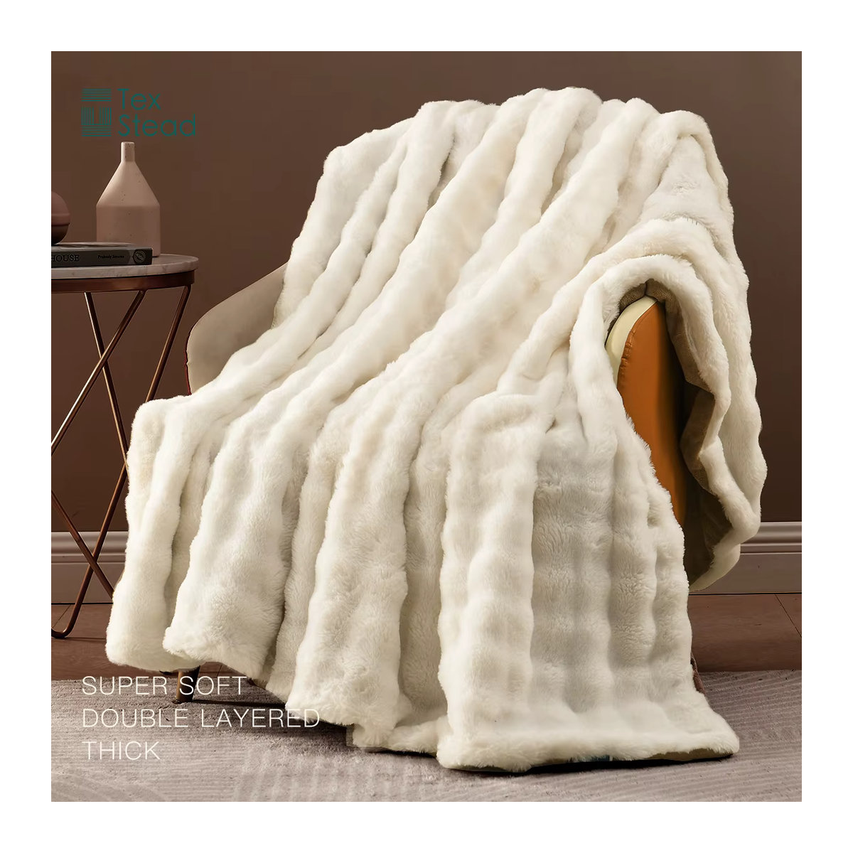 TEXSTEAD Plüsch Bettdecke aus Kunstfell in Weiß und Creme für Sofa und Bett - Bild 3
