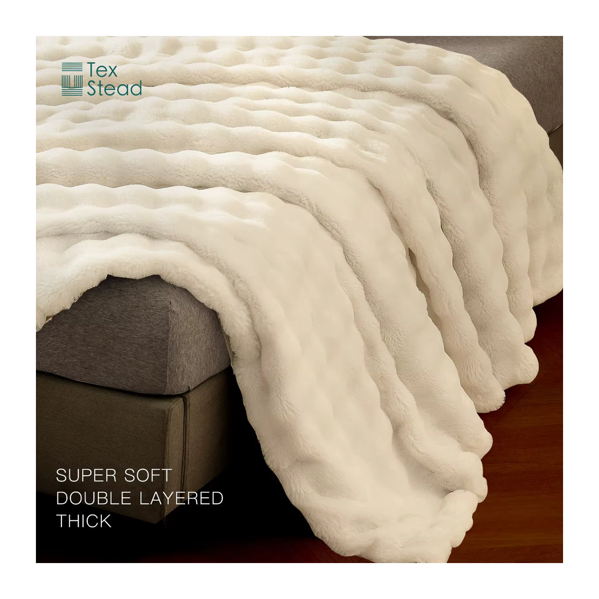 TEXSTEAD Plüsch Bettdecke aus Kunstfell in Weiß und Creme für Sofa und Bett - Bild 4