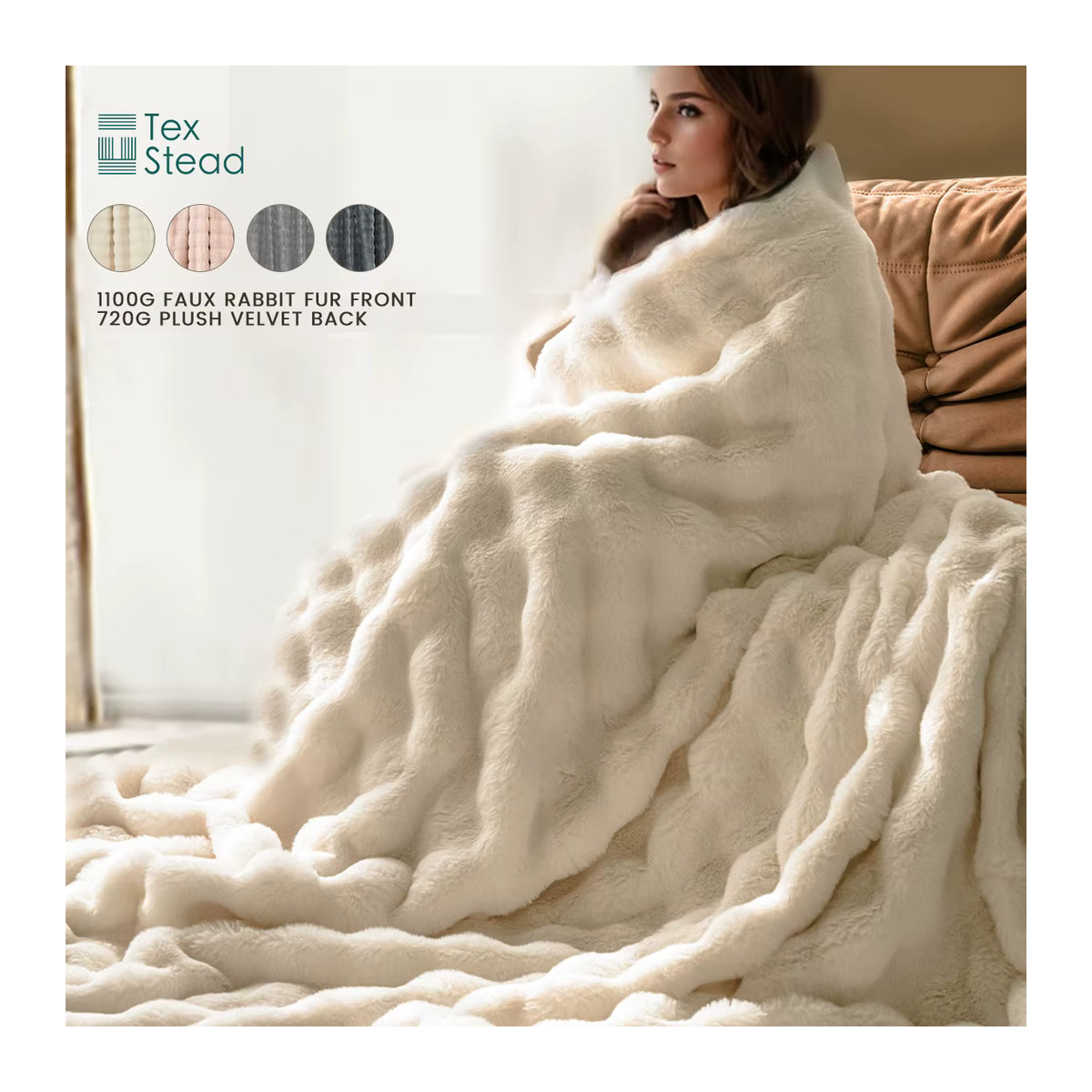 TEXSTEAD Plüsch Bettdecke aus Kunstfell in Weiß und Creme für Sofa und Bett - Bild 6