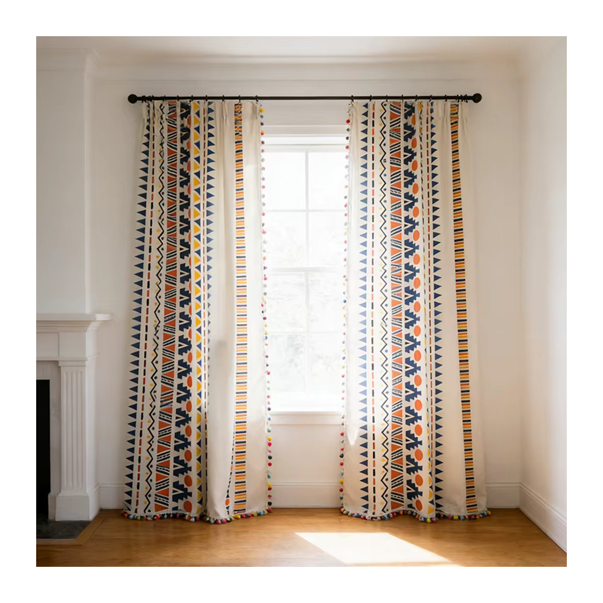 Textipion Halbtransparente Fenstervorhänge aus Baumwoll-Leinen mit geometrischem Muster und Pompon-Besatz in Orange und Weiß - Bild 4