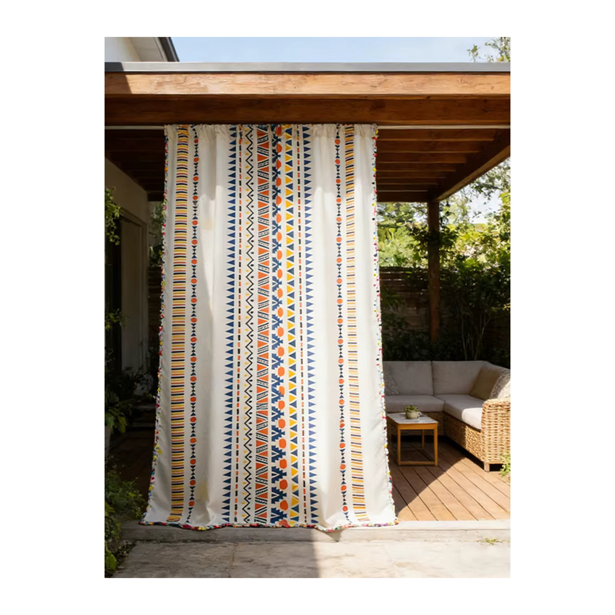 Textipion Halbtransparente Fenstervorhänge aus Baumwoll-Leinen mit geometrischem Muster und Pompon-Besatz in Orange und Weiß - Bild 5