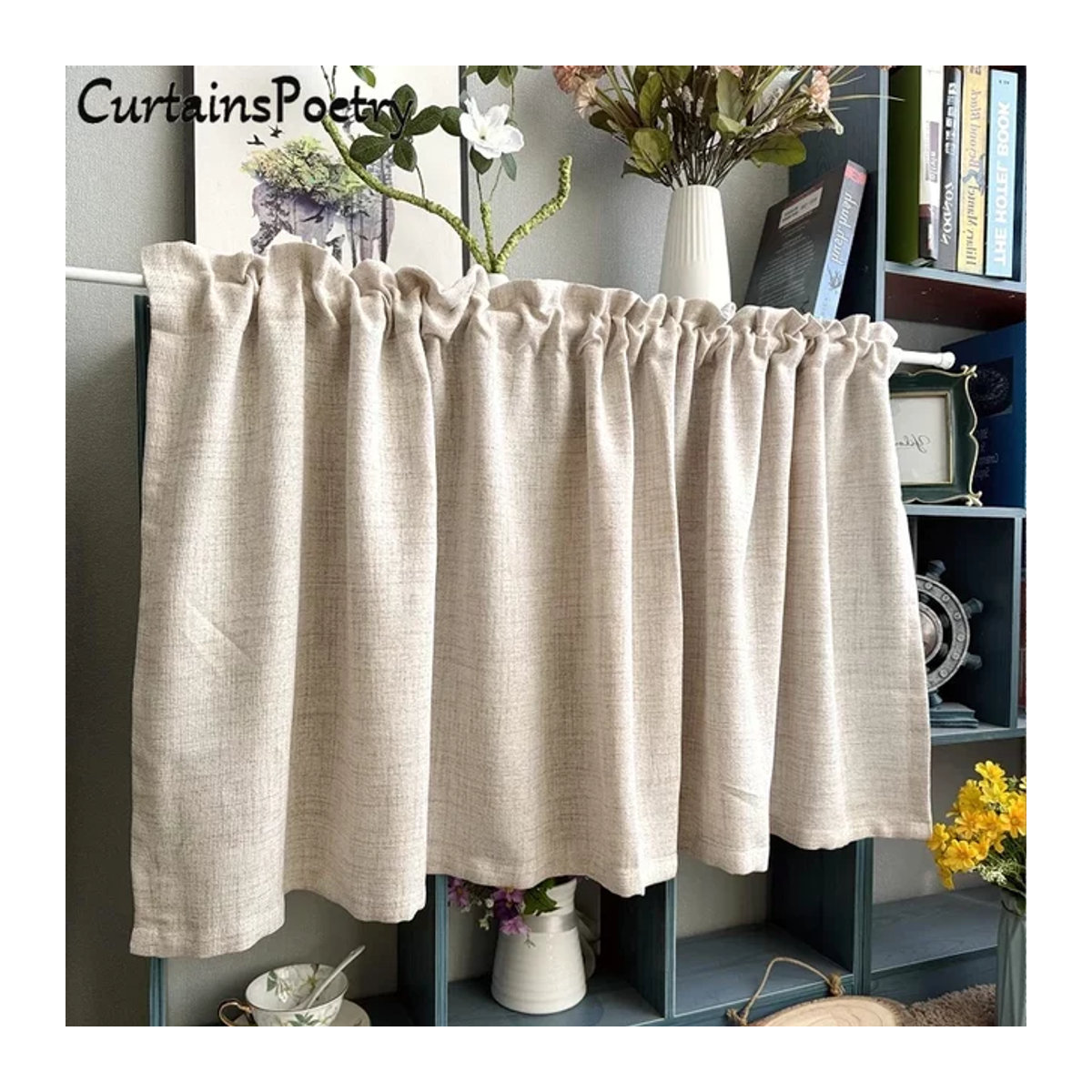 Textipion Vorhänge aus Flachs-Leinen in Beige im rustikalen Landhausstil für Küche und Wohnzimmer - Bild 1