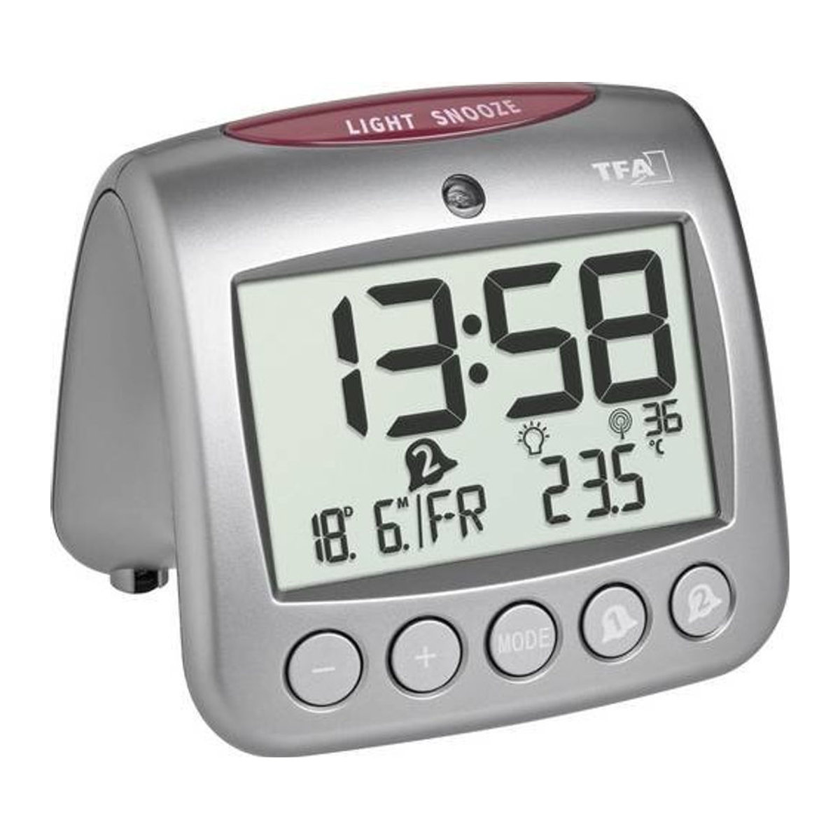 TFA Dostmann Digital Funk Wecker Grau mit Beleuchtung, Thermometer und Datumsanzeige - Bild 1
