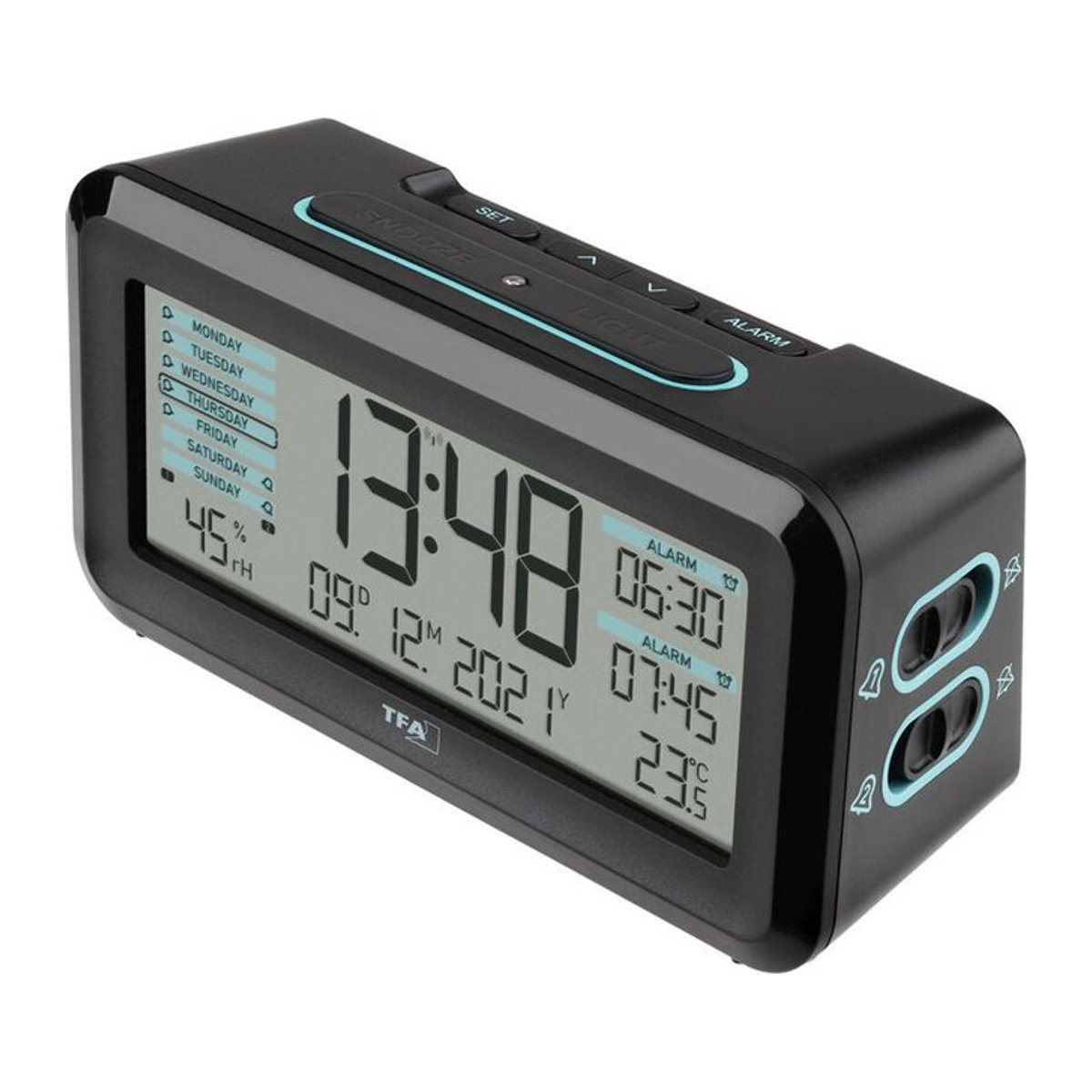 TFA Dostmann Digital Funk Wecker mit Thermometer und Hygrometer in Schwarz und Blau - Bild 1