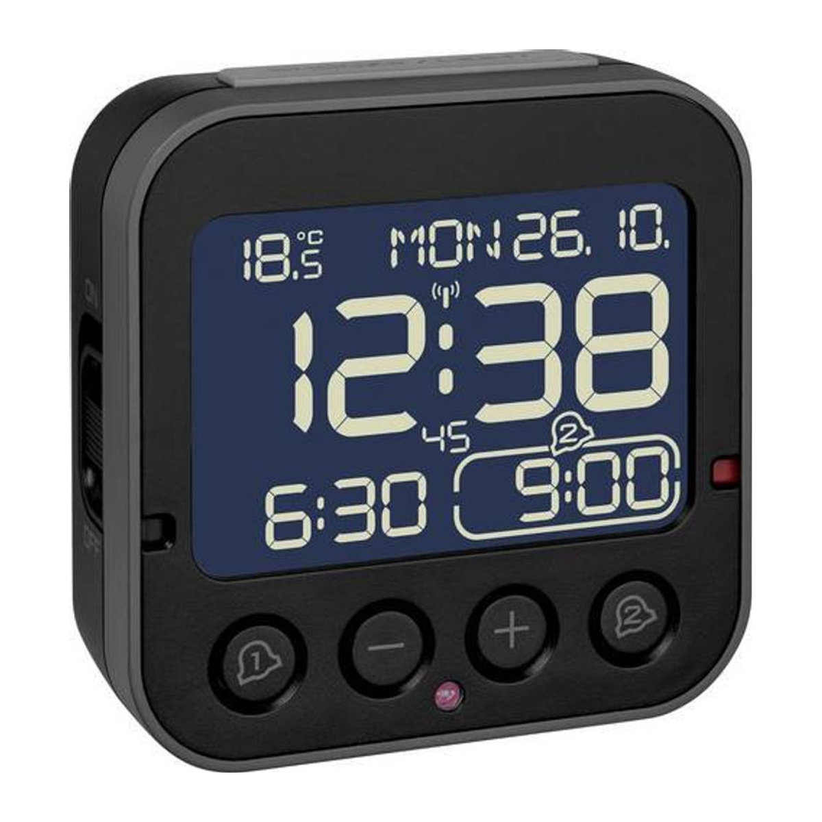 TFA Dostmann Digital Funk Wecker Schwarz mit Beleuchtung, Datumsanzeige und Thermometer - Bild 1