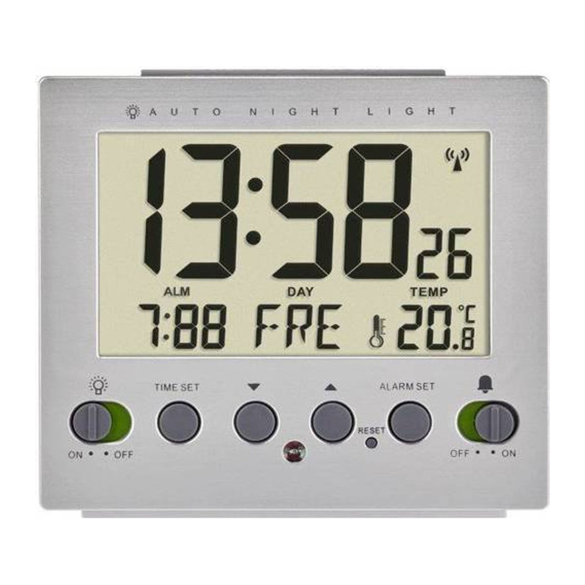TFA Dostmann Digital Funk Wecker Silber mit Beleuchtung, Thermometer und Datumsanzeige - Bild 1