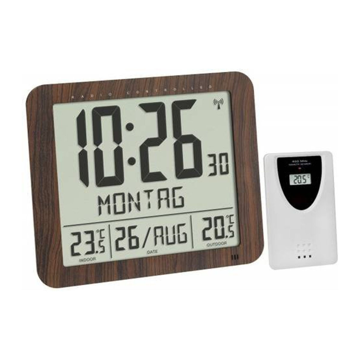 TFA Dostmann Funk Wanduhr Digital mit Thermometer und Datumsanzeige in Braun aus Holz, B/H/T: 24,8 x 20,6 x 2,06 cm - Bild 1