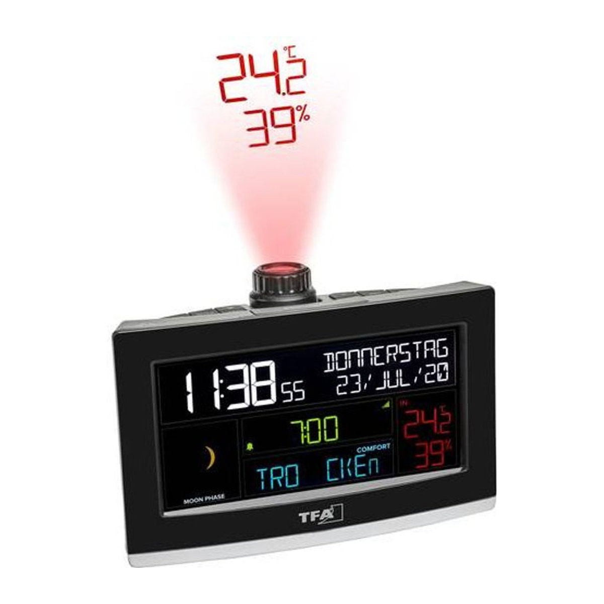 TFA Dostmann VIEW SHOW 35.8002.01 Digitale WLAN Tischuhr in Schwarz mit Projektion, Thermometer und Hygrometer - Bild 1