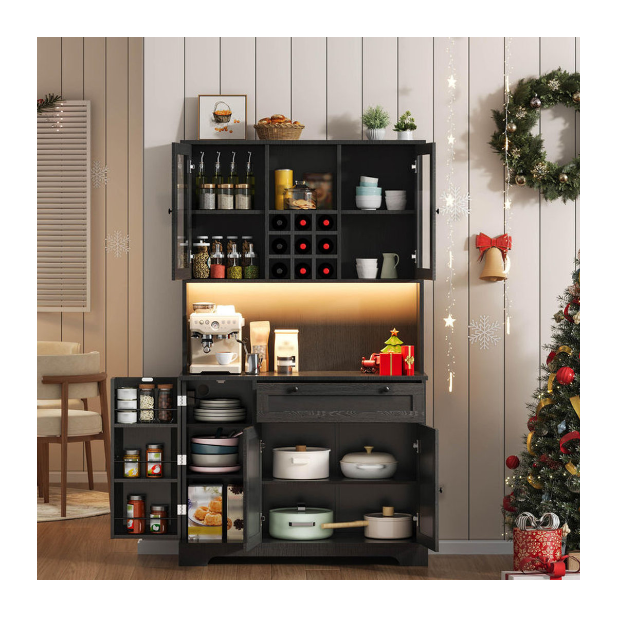 TG Electrical DE Küchen-Hochschrank mit Vitrine und Vorratsschrank, 5 Türen, Schwarz, B/T/H: 105 x 40 x 180 cm - Bild 2