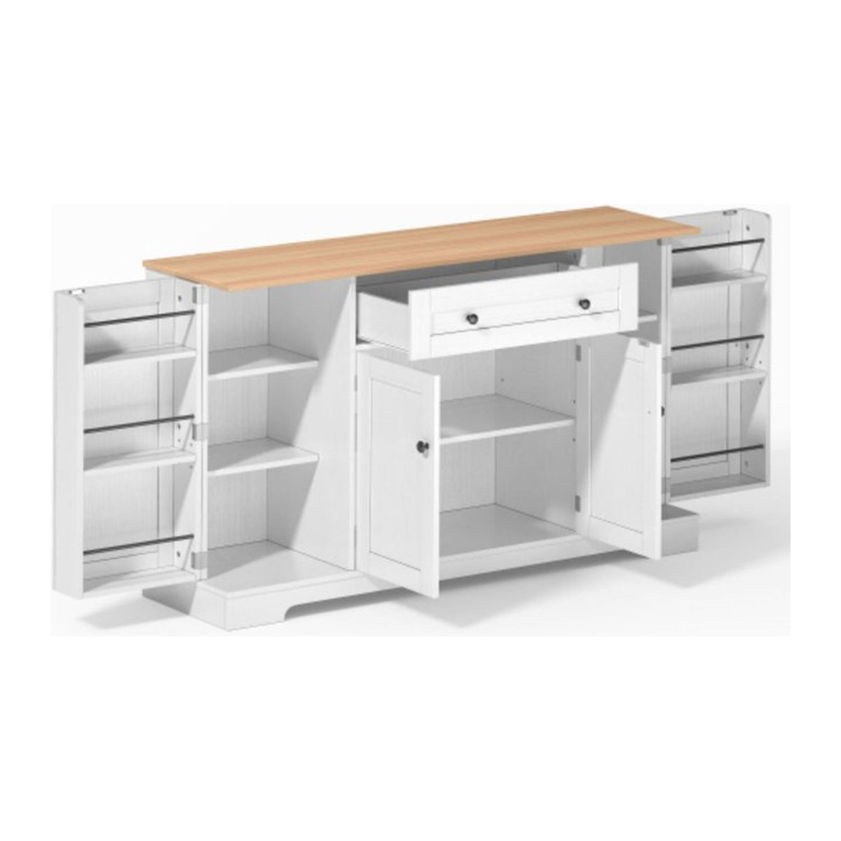 TG Electrical DE Multifunktionales Küchenbuffet im Modernen Landhausstil mit Drehtüren und Schubladen, Weiß und Natur, B/T/H: 138 x 40 x 85 cm - Bild 1
