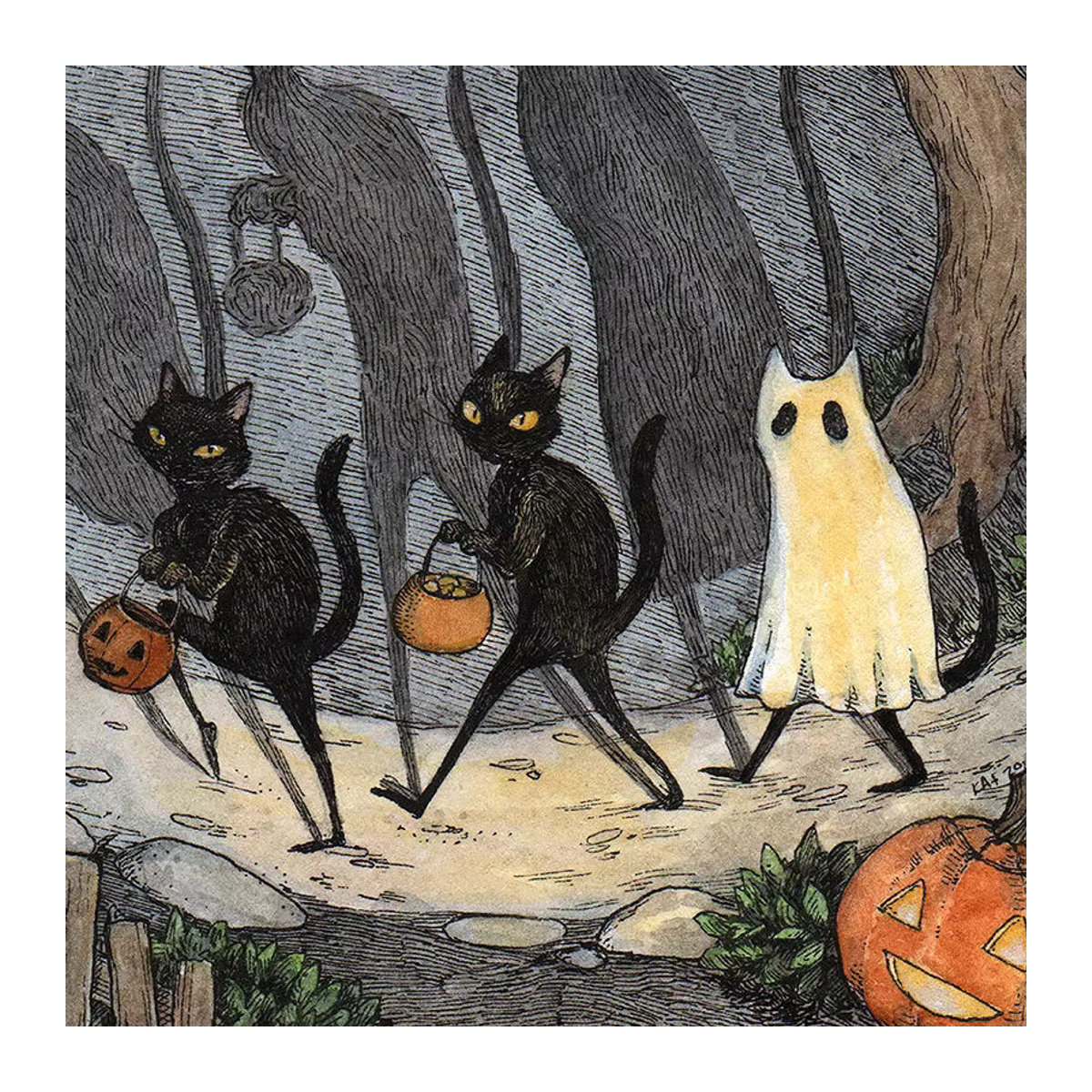 The Bad Luck Gang Poster von Potdemiel – Halloween Wandkunst mit Hexe und schwarzer Katze als mehrfarbiger Leinwand Kunstdruck - Bild 1