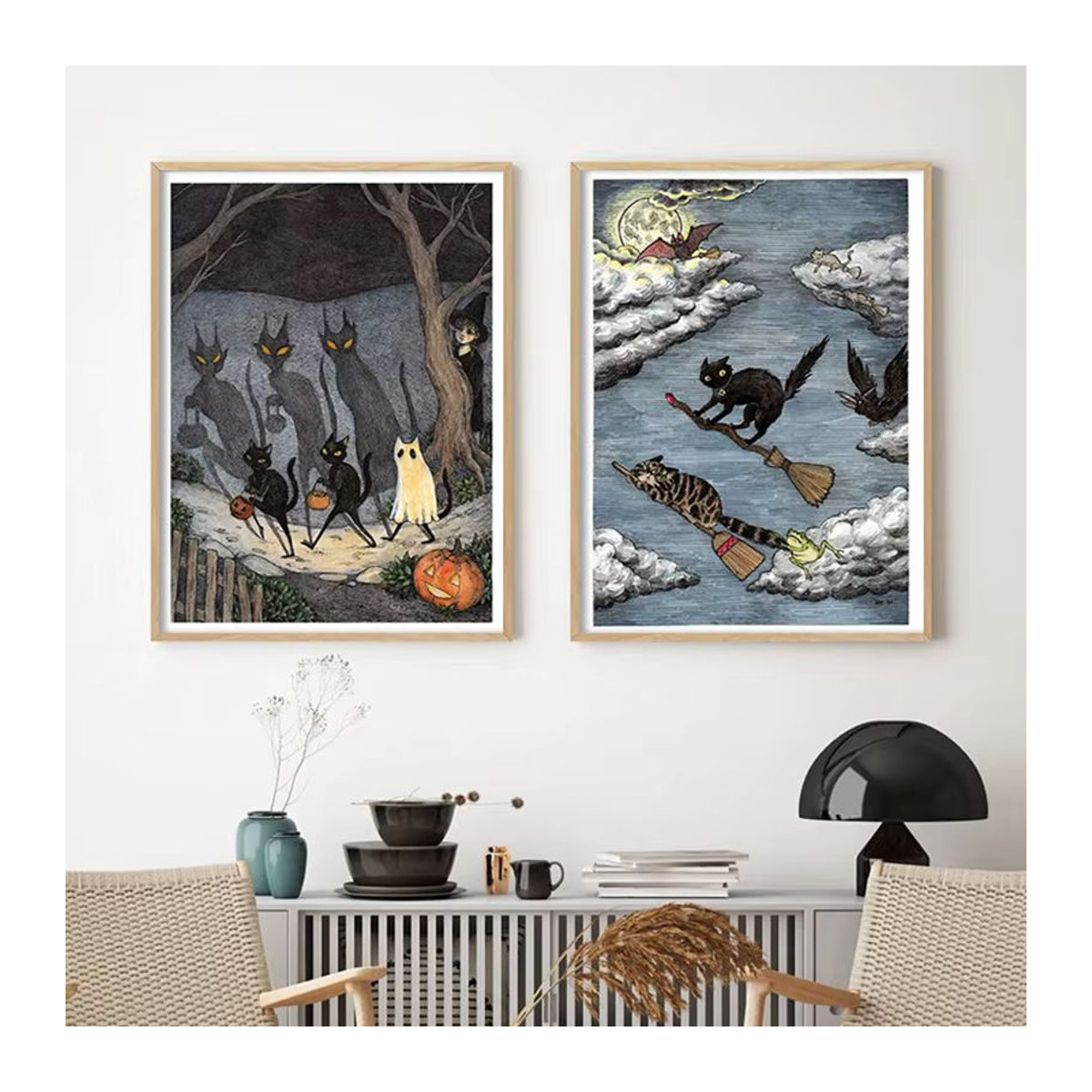 The Bad Luck Gang Poster von Potdemiel – Halloween Wandkunst mit Hexe und schwarzer Katze als mehrfarbiger Leinwand Kunstdruck - Bild 3