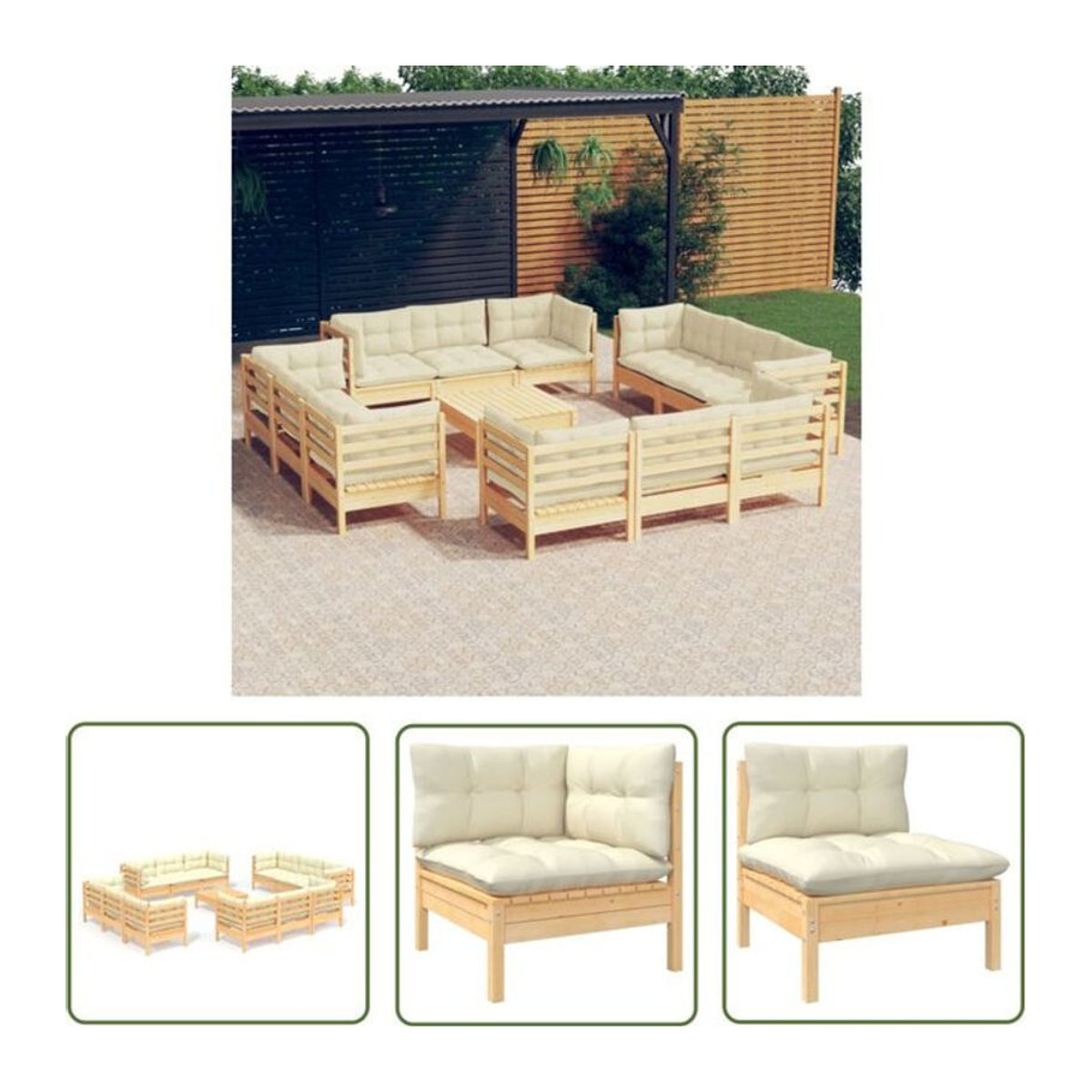 The Living Store 13-teiliges Gartenlounge-Set aus Kiefernholz mit beigen Polsterkissen im skandinavischen Design - Bild 1
