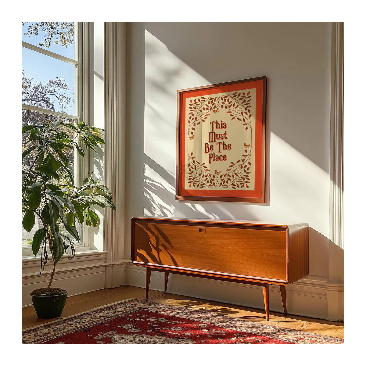 This Must Be The Place Retro Wandkunst Print in Orange mit Typografie und floralen Elementen im Vintage-Stil - Bild 6