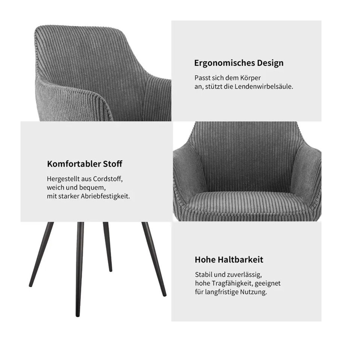ThomP Polsterstuhl aus Cord Stoff in Grau mit Armlehnen und Metallgestell für Esszimmer und Wohnzimmer - Bild 2