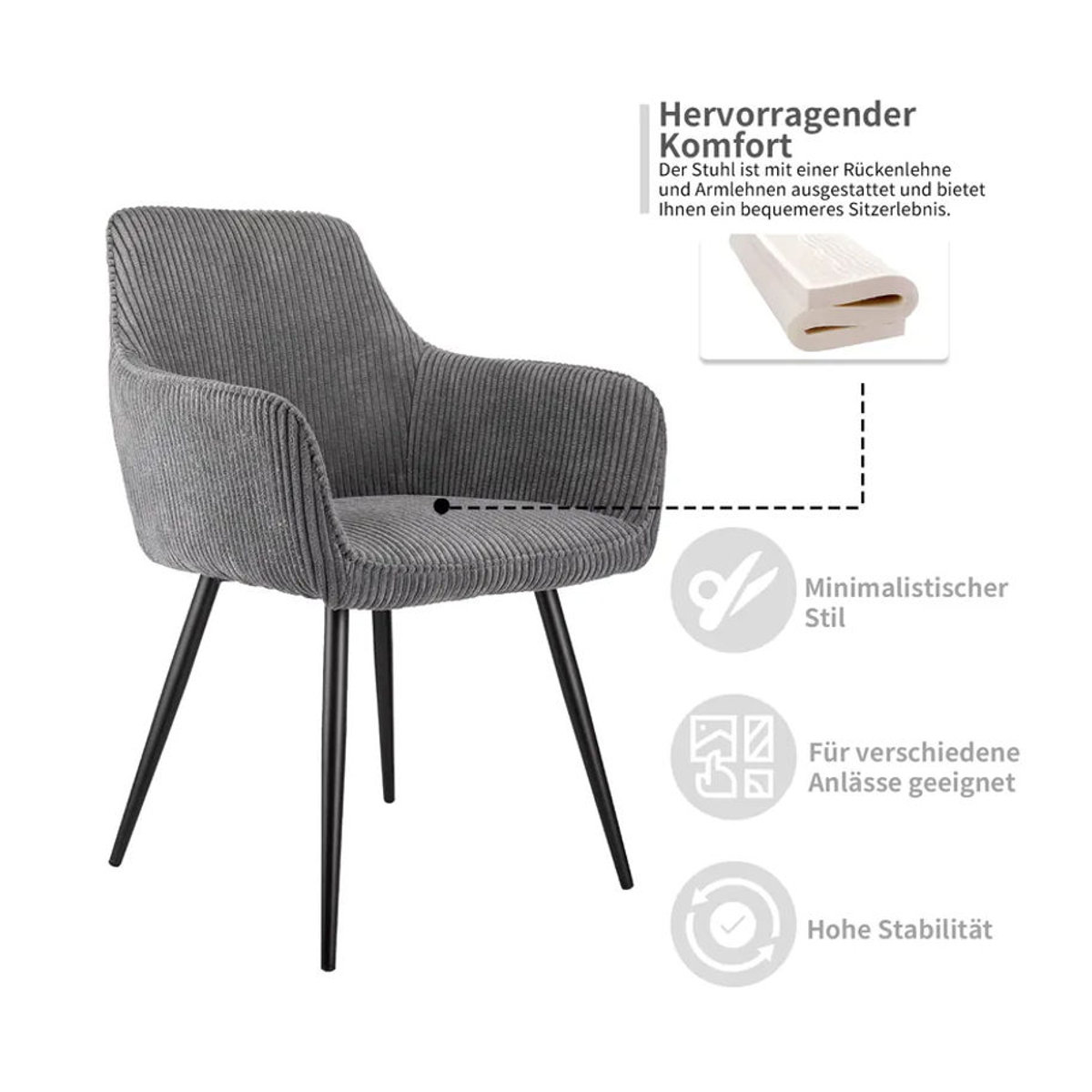 ThomP Polsterstuhl aus Cord Stoff in Grau mit Armlehnen und Metallgestell für Esszimmer und Wohnzimmer - Bild 3