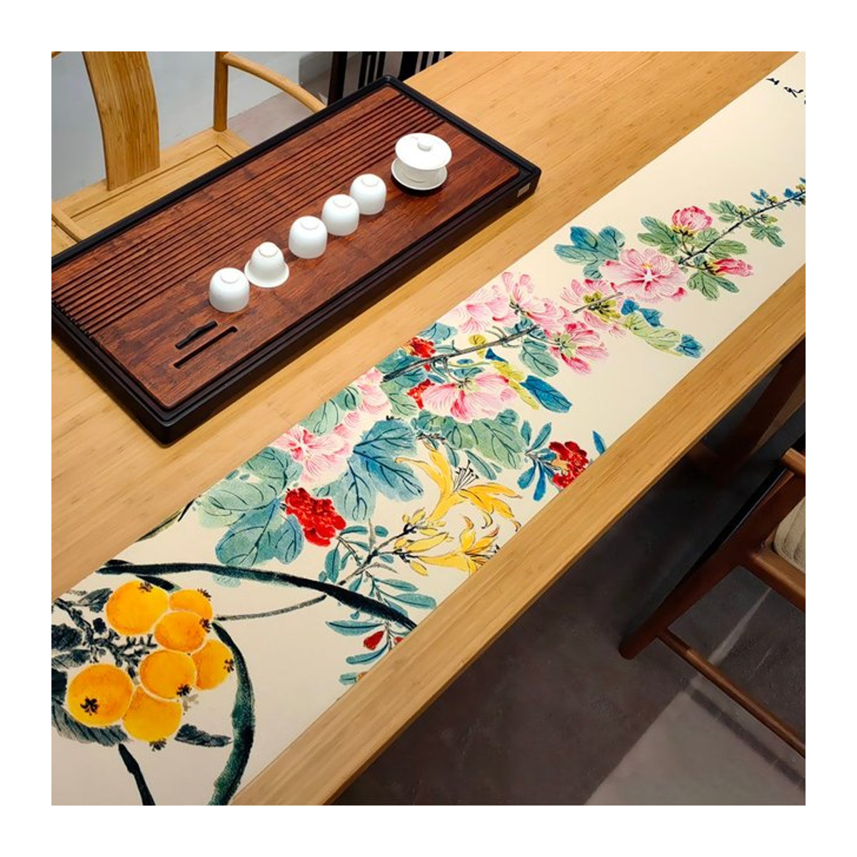 Tianzhong Teetischläufer im Zen-Stil mit Blumenmuster und wasserdichter Oberfläche, mehrfarbig - Bild 1