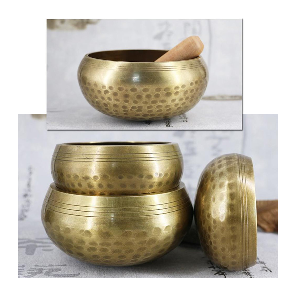 Tibetisch-buddhistische Klangschale aus Messing von TOMTOP JMS in Gold mit Schlagstab für Meditation und Yoga, Durchmesser: 12 cm - Bild 2