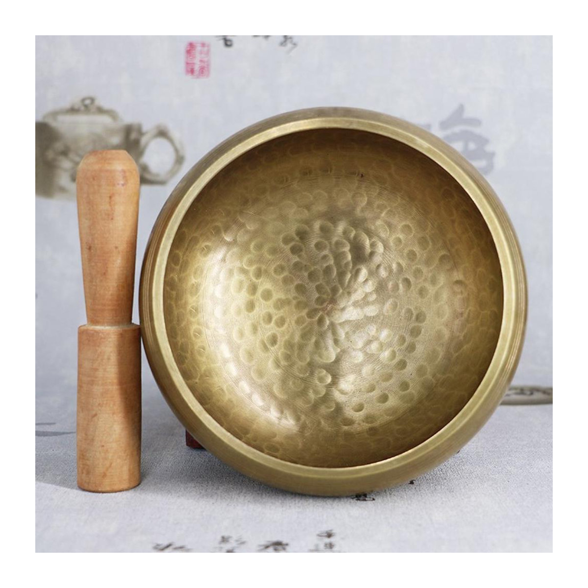 Tibetisch-buddhistische Klangschale aus Messing von TOMTOP JMS in Gold mit Schlagstab für Meditation und Yoga, Durchmesser: 12 cm - Bild 3