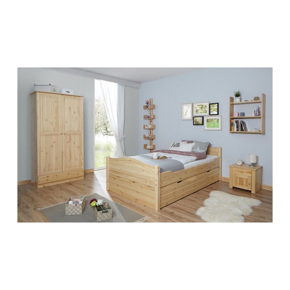 TiCAA Doppelbett Leni aus Kiefer Massivholz in Natur mit 2 Schubkästen B/T/H: 140 x 200 cm - Bild 1