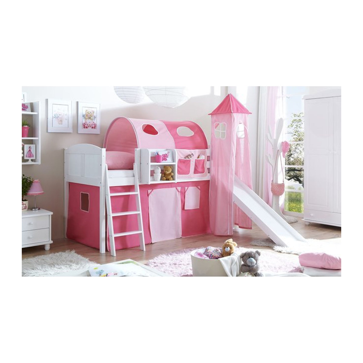 TiCAA Hochbett Ekki mit Rutsche und Turm aus Kiefer in Weiß Classic im Landhausstil - Bild 1