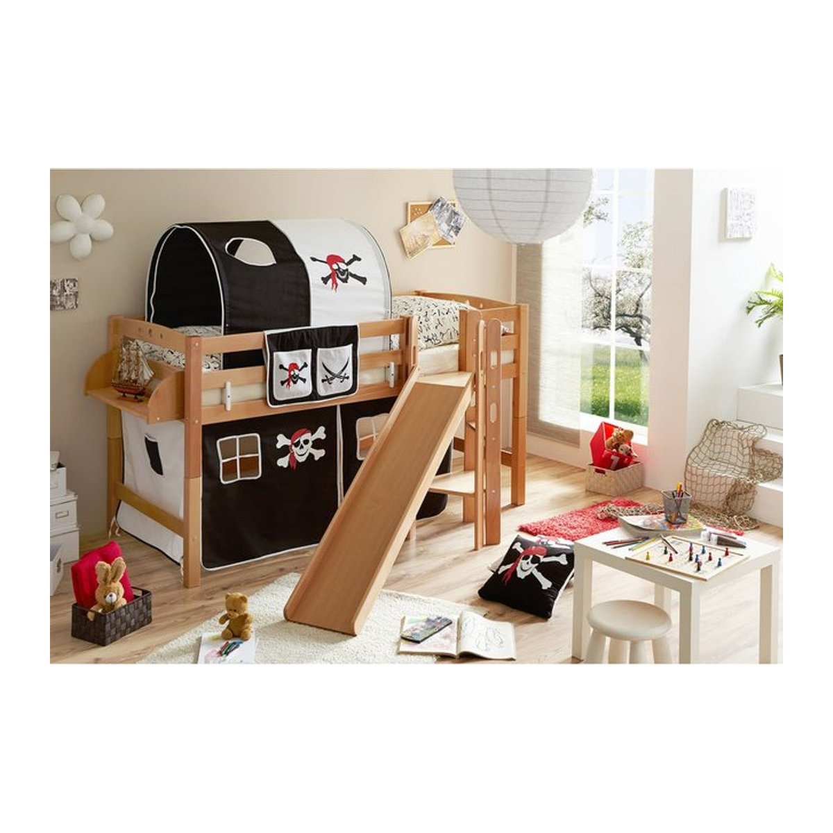 TiCAA Hochbett Tino mit Rutsche und Podest als teilbares Podestbett aus Buche Natur - Bild 1