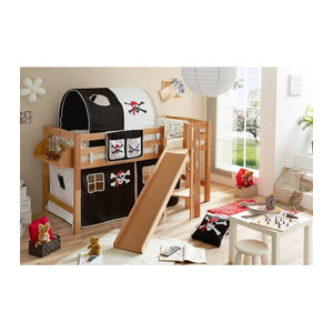 TiCAA Hochbett Tino mit Rutsche und Podest als teilbares Podestbett aus Buche Natur