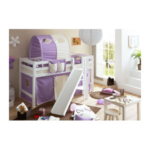 TiCAA Hochbett Tino mit Rutsche und Podest, Buche Weiß Classic, skandinavisches Design, teilbar