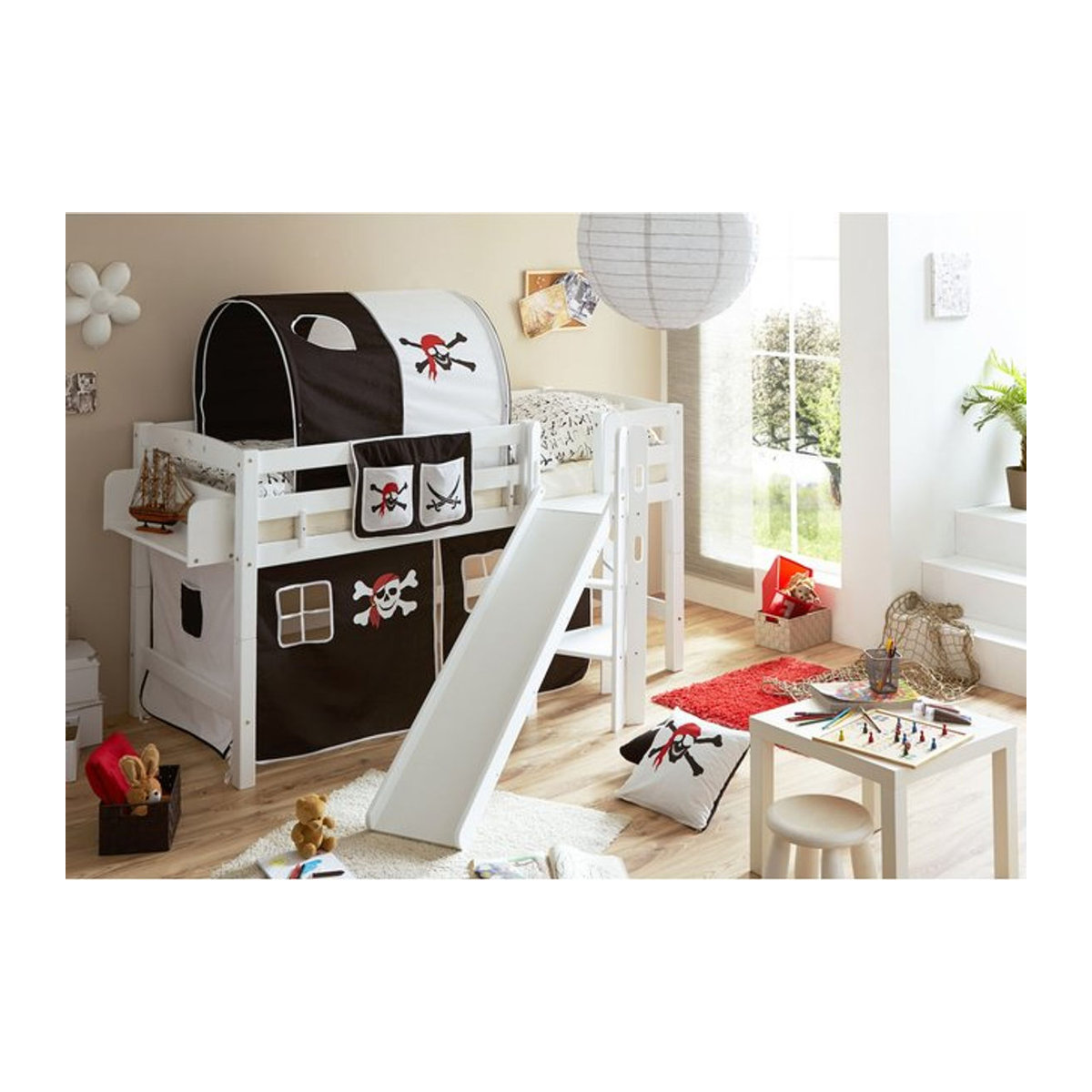 TiCAA Hochbett Tino mit Rutsche und Podest, Buche Weiß, Skandinavisches Design - Bild 1