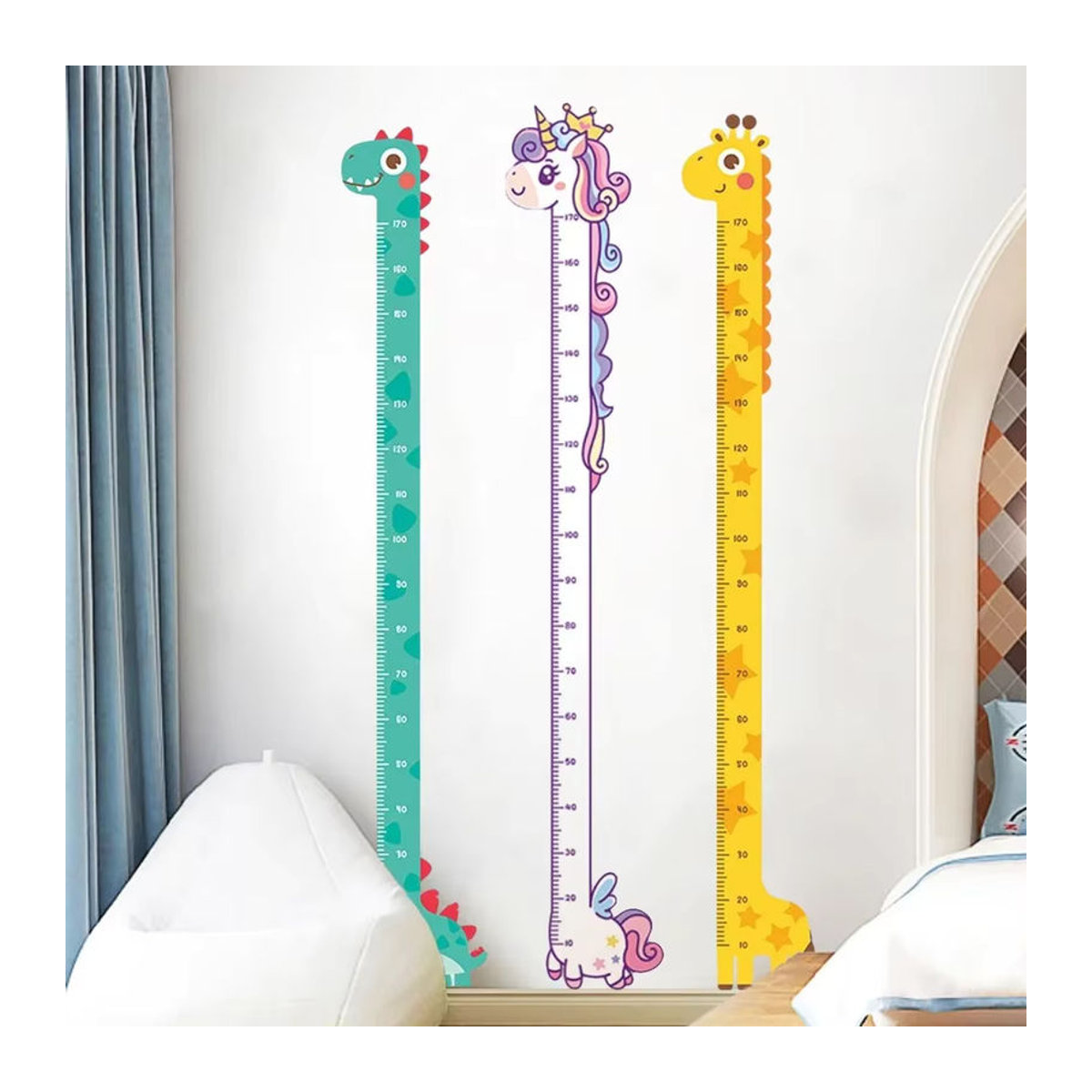 Tierische Wachstumstabelle als Wandaufkleber für das Kinderzimmer, Motiv Einhorn, Dino und Giraffe, mehrfarbig, Höhe: 180 cm - Bild 2